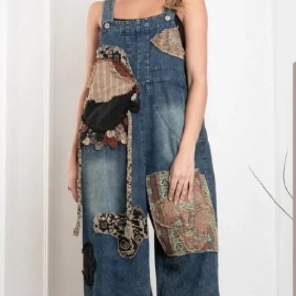 BlueVelvet Denim Capri Overalls with Mixed Patches in Denim XL🆕⌚📦🏃💨🚚 - Picture 4 of 16